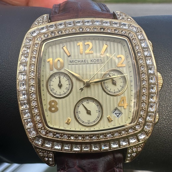 Michael Kors MK 5106 Gold Bling Watch with Genuine Leather Brown Band - Picture 2 of 12